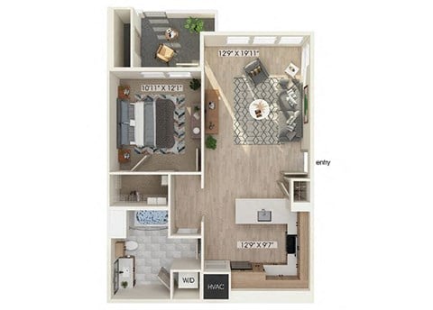 Floor plan for 1 bed, 1 bath, 757 sqft